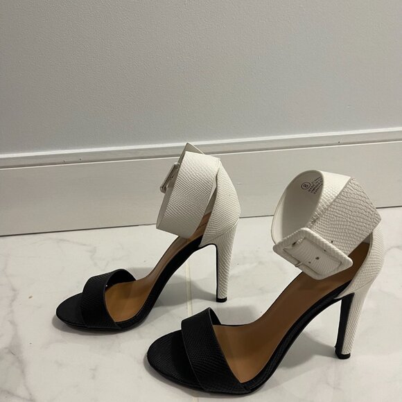 White and Black Belt Buckle Ankle Strap Heels - Picture 2 of 6
